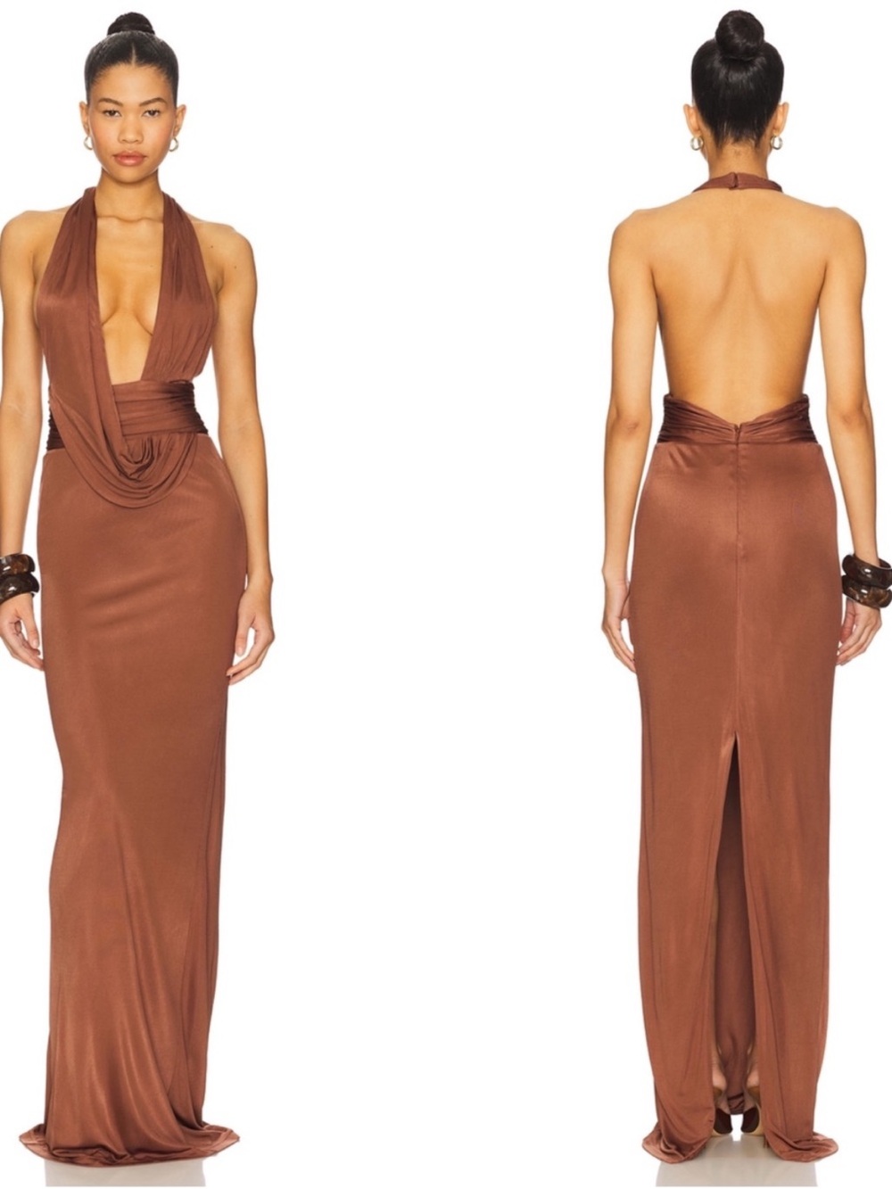 RETROFETE Payton Deep V Neckline Halterneck Cross Over Brown Maxi Dress  Size S